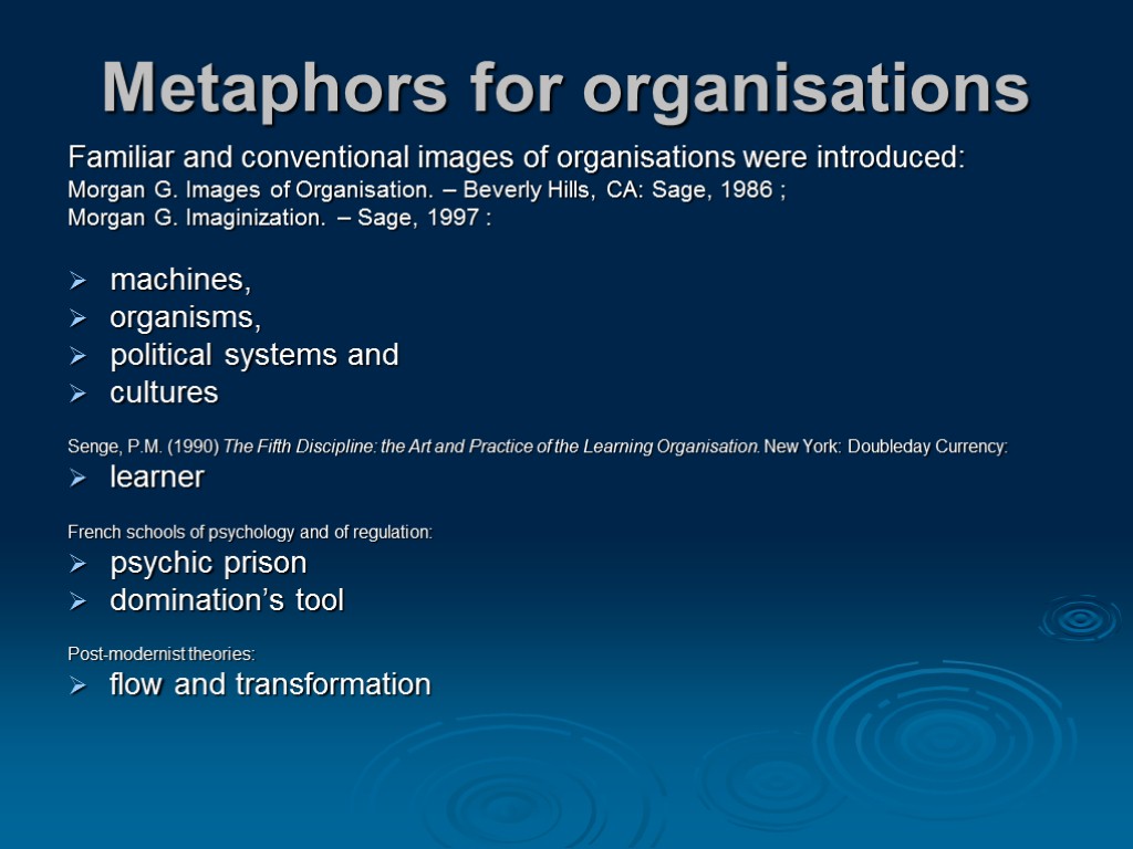 Metaphors for organisations Familiar and conventional images of organisations were introduced: Morgan G. Images